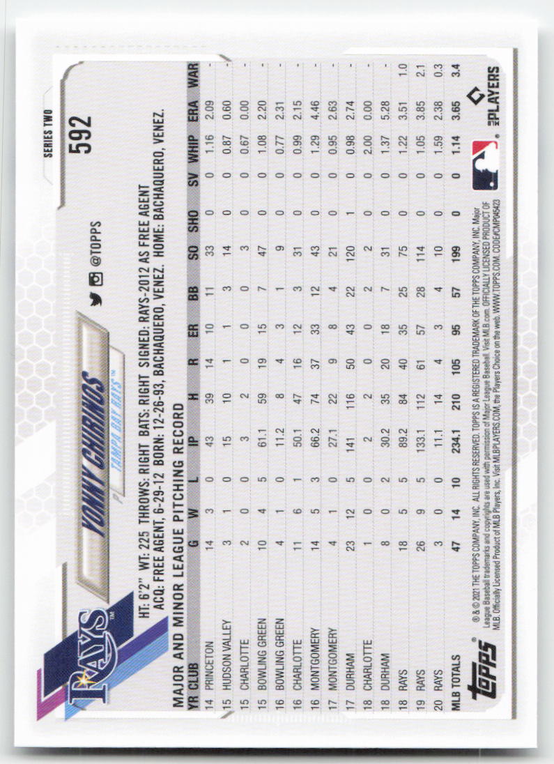 2021 Topps #592 Yonny Chirinos Tampa Bay Rays 1309