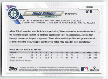 2021 Topps #519 Yohan Ramirez Seattle Mariners Rookie 1310