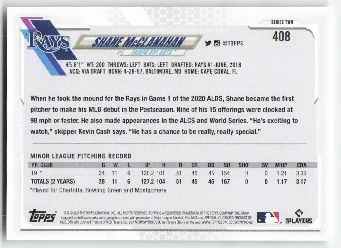 2021 Topps #408a Shane McClanahan Tampa Bay Rays Rookie 1311