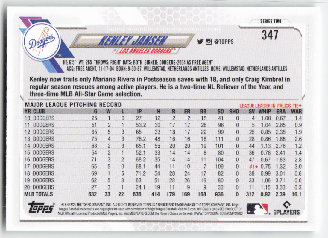 2021 Topps #347 Kenley Jansen Los Angeles Dodgers 1315