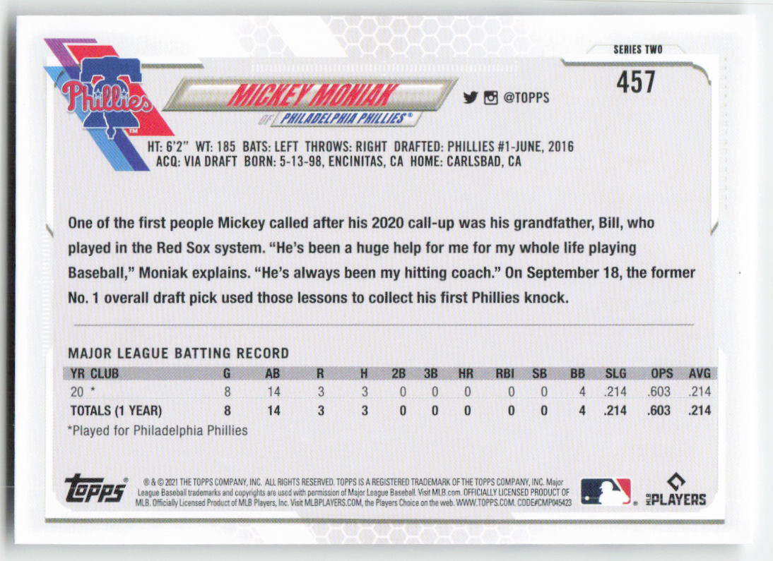 2021 Topps #457 Mickey Moniak Philadelphia Phillies Rookie 1317