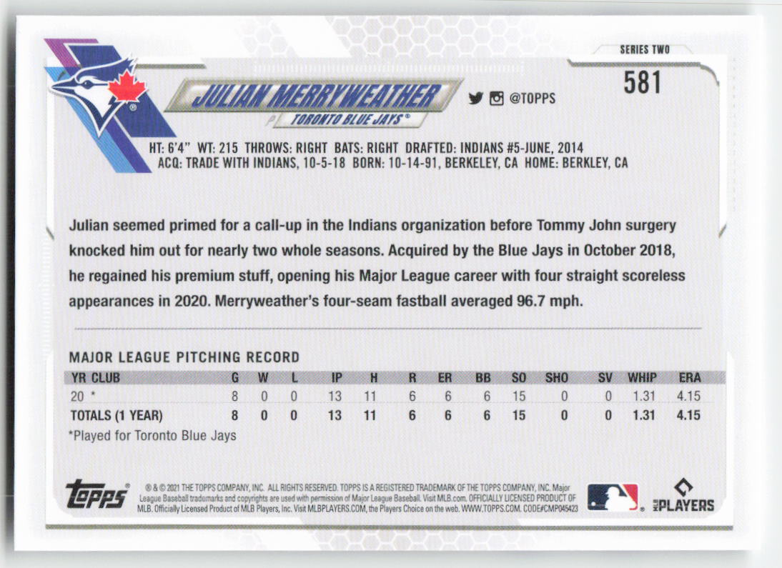 2021 Topps #581 Julian Merryweather Toronto Blue Jays Rookie 1318