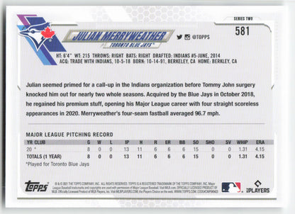 2021 Topps #581 Julian Merryweather Toronto Blue Jays Rookie 1318