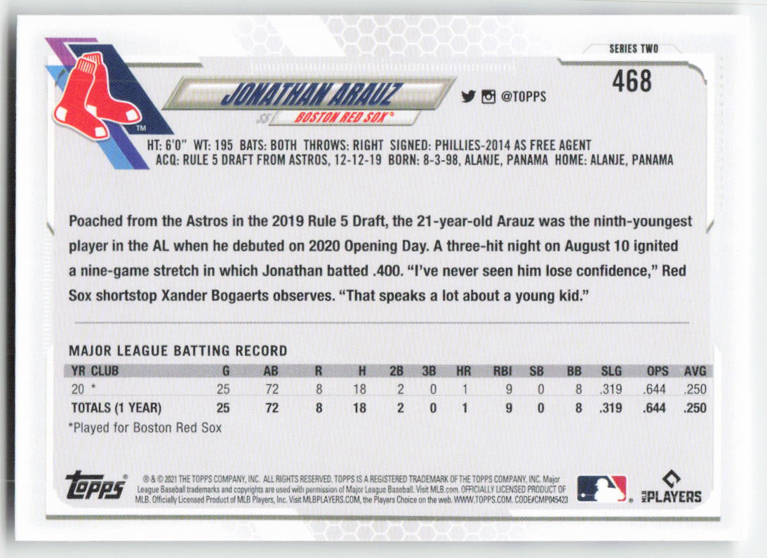 2021 Topps #468a Jonathan Arauz Boston Red Sox Rookie 1319