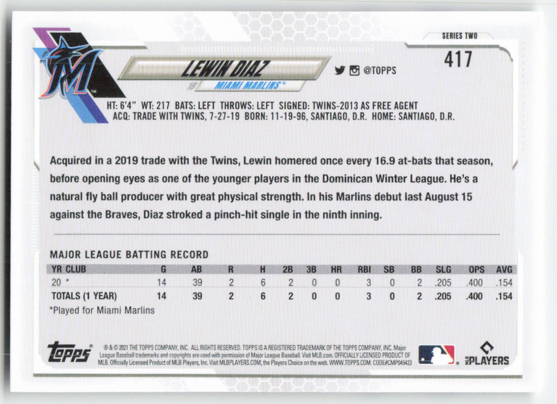 2021 Topps #417 Lewin Diaz Miami Marlins Rookie 1320