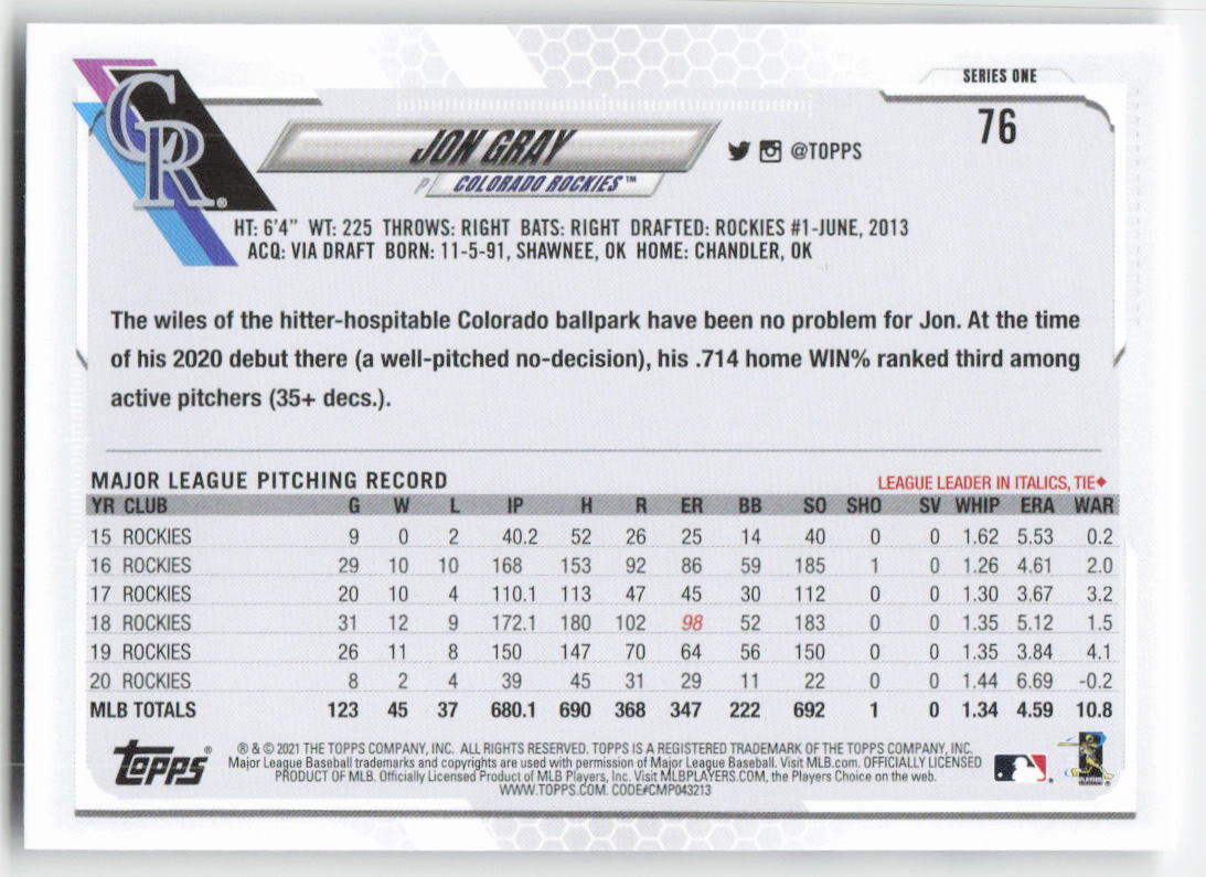 2021 Topps #76 Jon Gray Colorado Rockies 1322