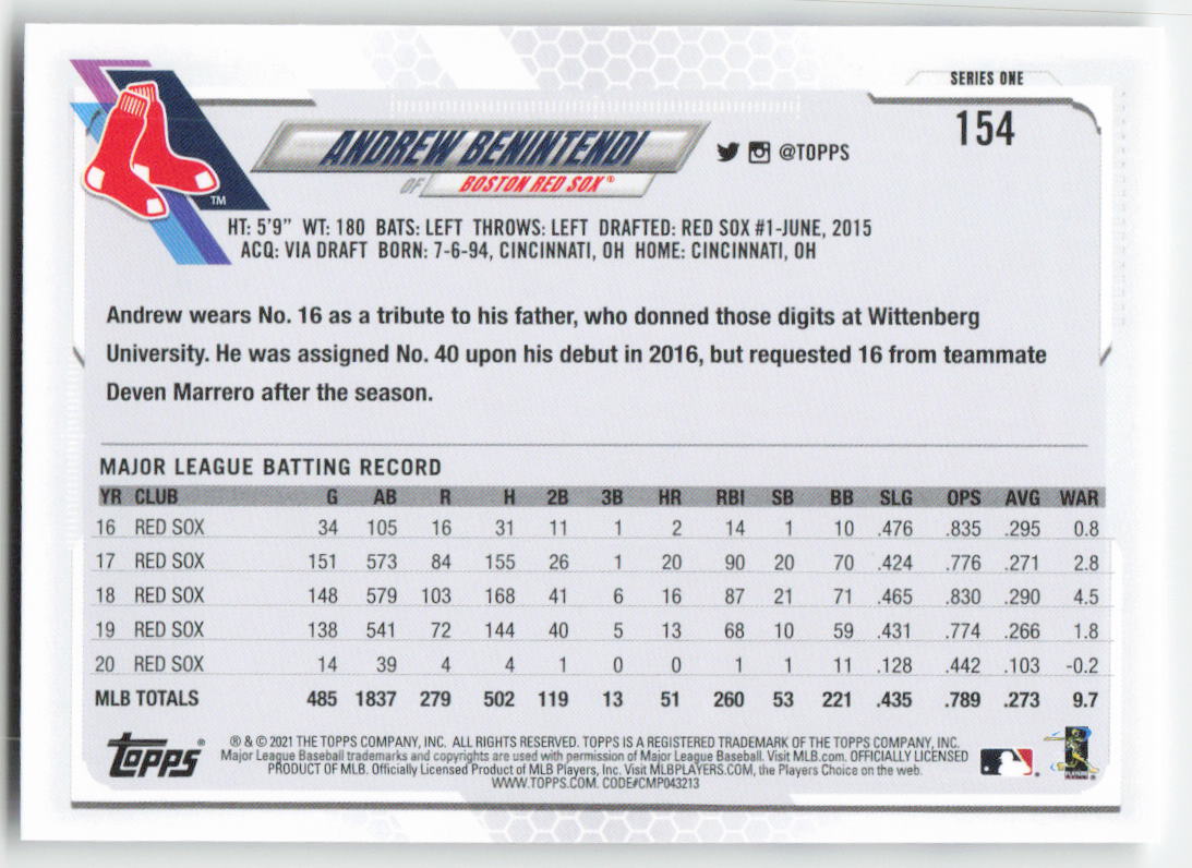 2021 Topps #154 Andrew Benintendi Boston Red Sox 1323