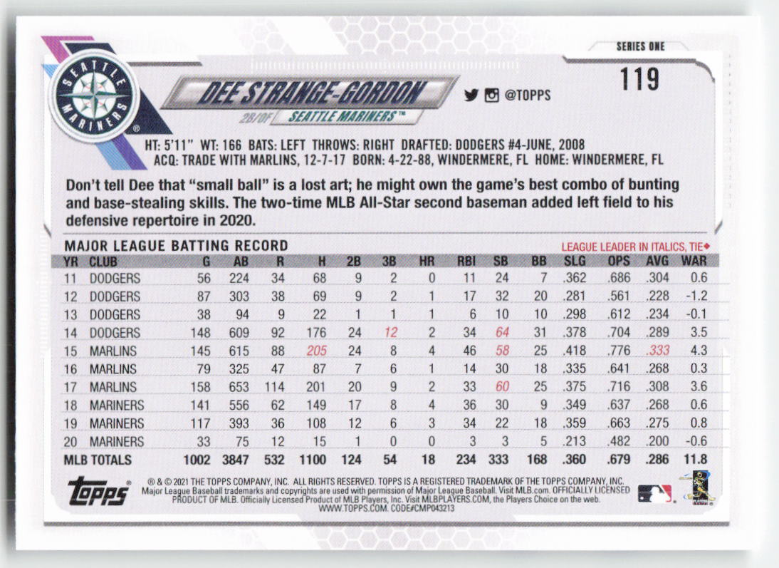 2021 Topps #119 Dee Strange-Gordon Seattle Mariners 1327