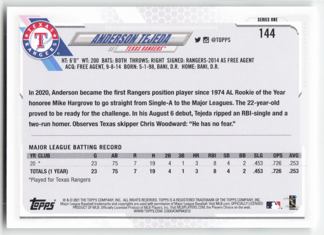 2021 Topps #144 Anderson Tejeda Texas Rangers Rookie 1329