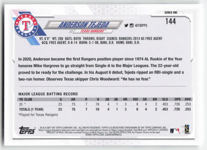 2021 Topps #144 Anderson Tejeda Texas Rangers Rookie 1329
