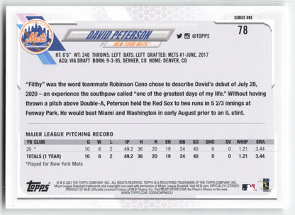 2021 Topps #78 David Peterson New York Mets Rookie 1330