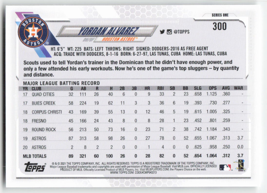 2021 Topps #300 Yordan Alvarez Houston Astros 1332