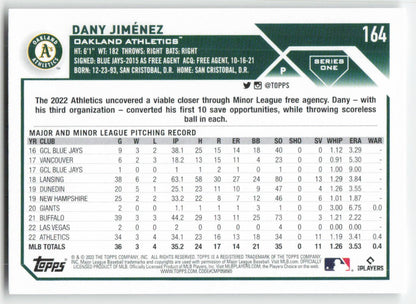 2023 Topps #164 Dany Jimenez Oakland Athletics 1333