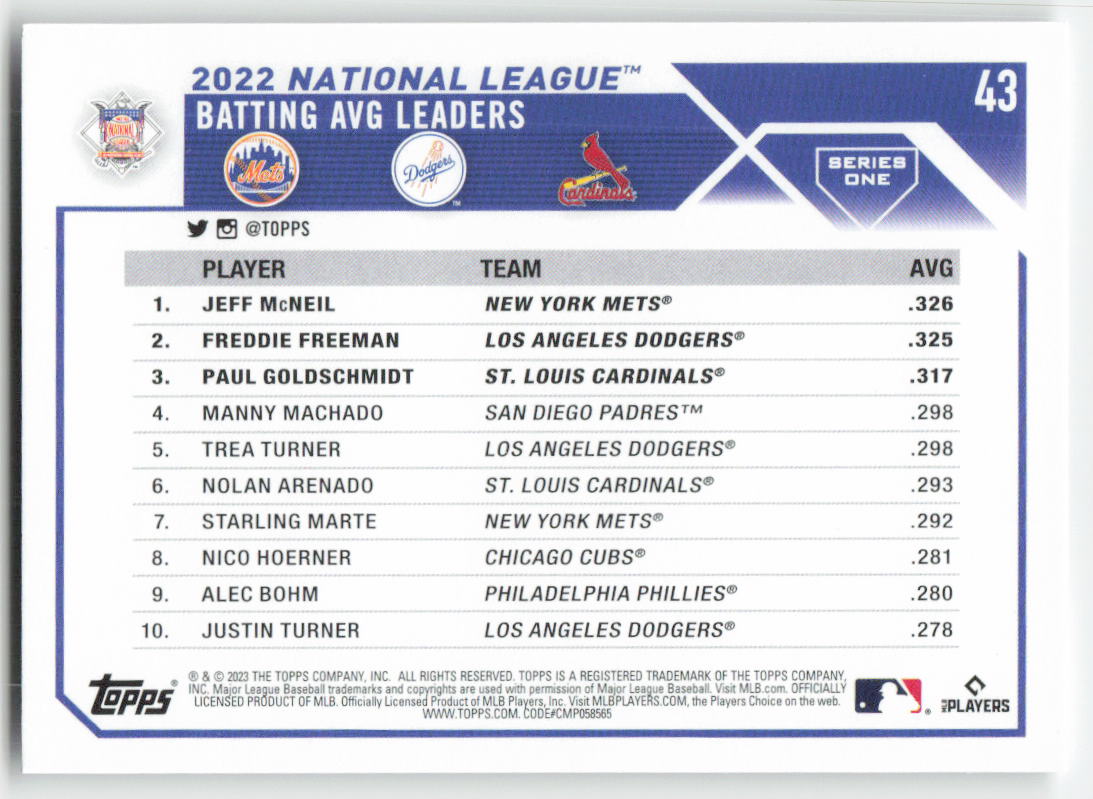 2023 Topps #43 NL AVG Leaders (McNeil / Freddie Freeman / Goldschmidt) 1334