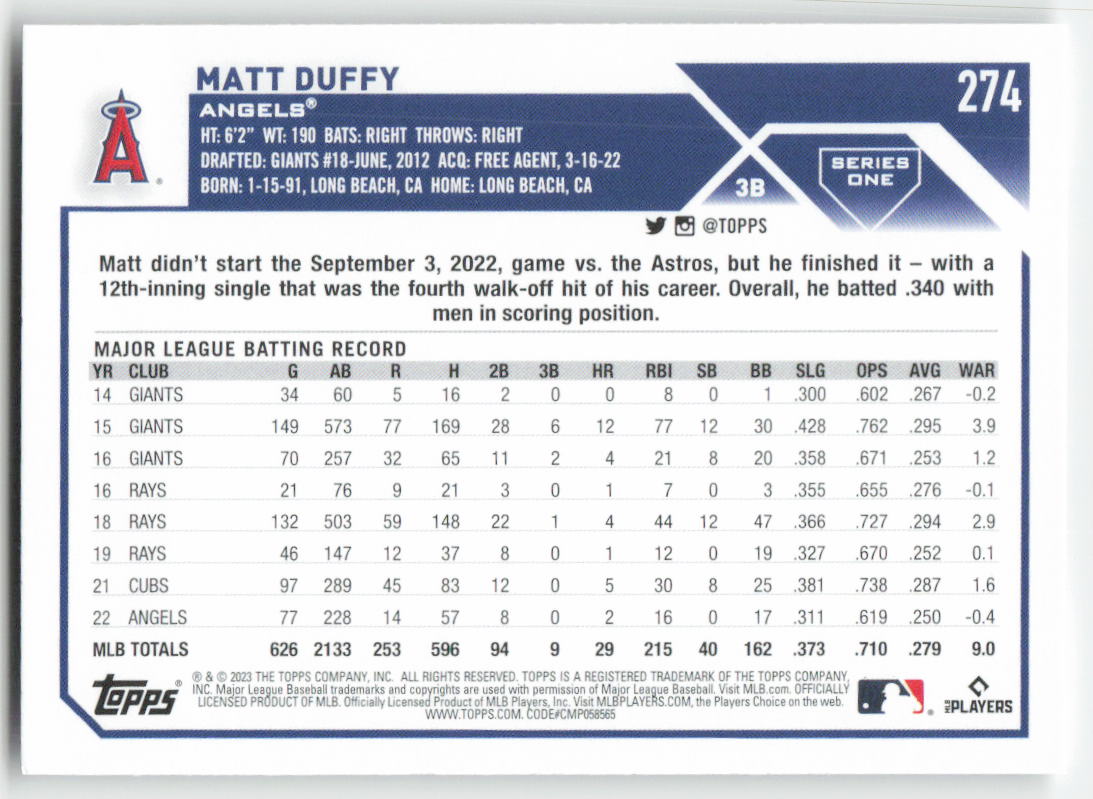 2023 Topps #274 Matt Duffy Los Angeles Angels 1336
