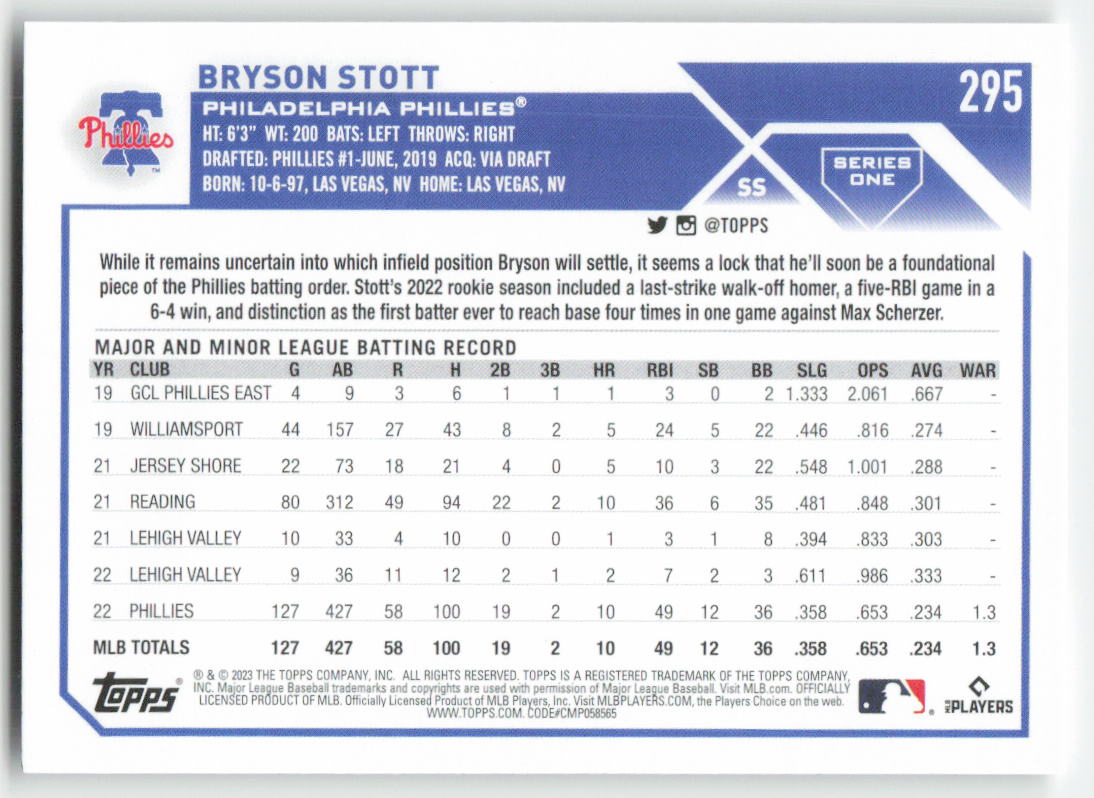 2023 Topps #295 Bryson Stott Philadelphia Phillies 1337