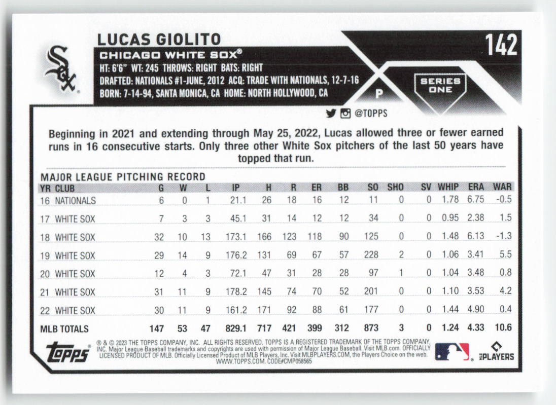 2023 Topps #142 Lucas Giolito Chicago White Sox 1342