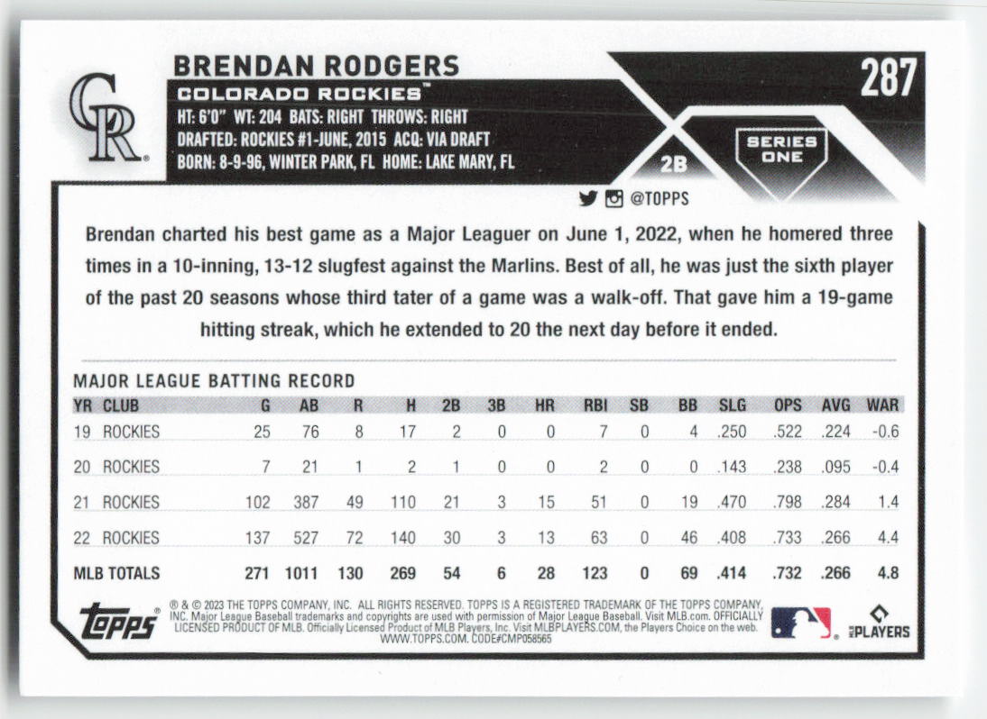 2023 Topps #287 Brendan Rodgers Colorado Rockies 1344