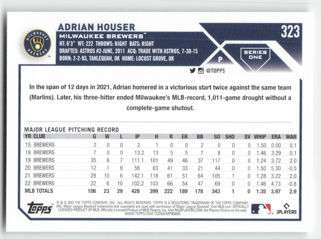 2023 Topps #323 Adrian Houser Milwaukee Brewers 1349