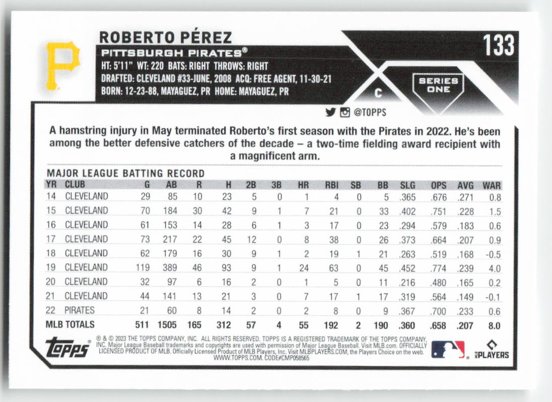 2023 Topps #133 Roberto Pérez Pittsburgh Pirates 1350