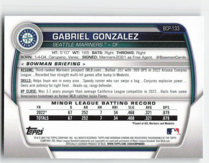 2023 Bowman #BCP-133 Gabriel Gonzalez Chrome Prospects Seattle Mariners 1352