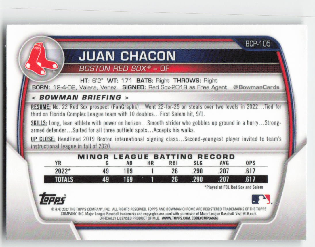 2023 Bowman #BCP-105 Juan Chacon Chrome Prospects Boston Red Sox 1353