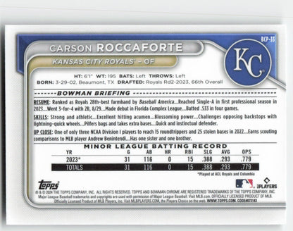 2024 Bowman #BCP-33 Carson Roccaforte Chrome Prospects Kansas City Royals 1354