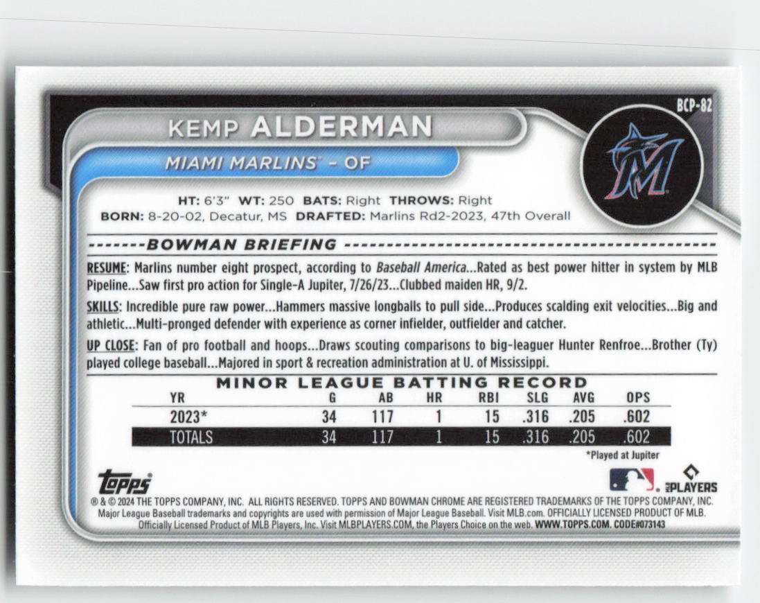 2024 Bowman #BCP-82 Kemp Alderman Chrome Prospects Miami Marlins 1355