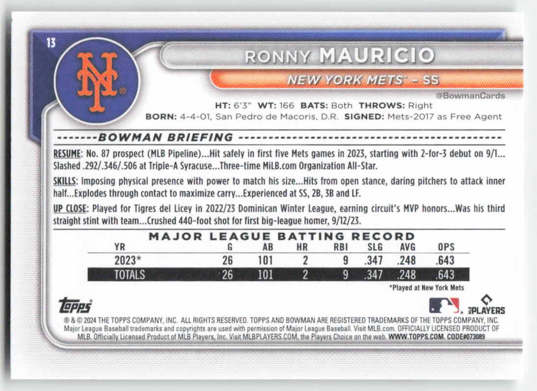 2024 Bowman #13 Ronny Mauricio New York Mets Rookie 1358