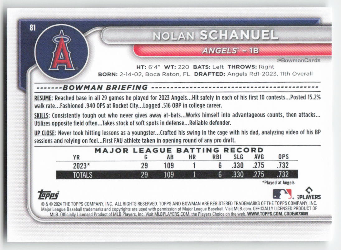 2024 Bowman #81 Nolan Schanuel Los Angeles Angels Rookie 1359