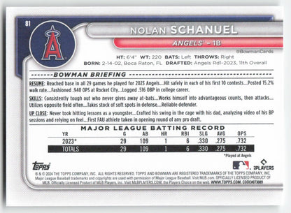 2024 Bowman #81 Nolan Schanuel Los Angeles Angels Rookie 1359