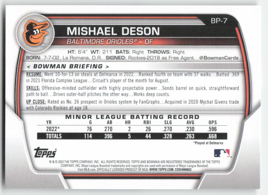 2023 Bowman #BP-7 Mishael Deson Prospects Baltimore Orioles 1360