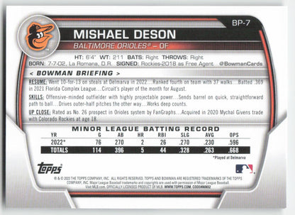 2023 Bowman #BP-7 Mishael Deson Prospects Baltimore Orioles 1360