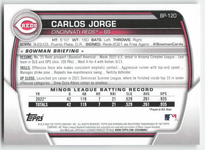 2023 Bowman #BP-120 Carlos Jorge Prospects Cincinnati Reds 1361