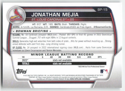 2023 Bowman #BP-15 Jonathan Mejia Prospects St. Louis Cardinals 1362