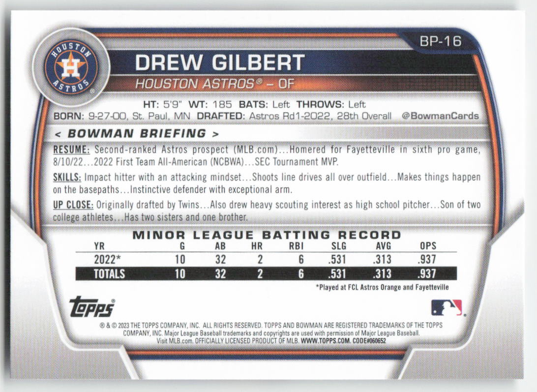 2023 Bowman #BP-16 Drew Gilbert Prospects Houston Astros 1363
