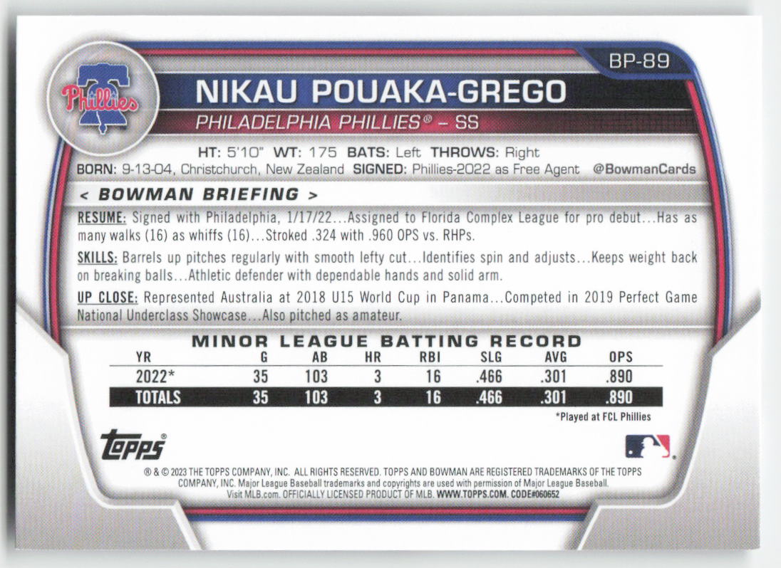 2023 Bowman #BP-89 Nikau Pouaka-Grego Prospects Philadelphia Phillies 1364