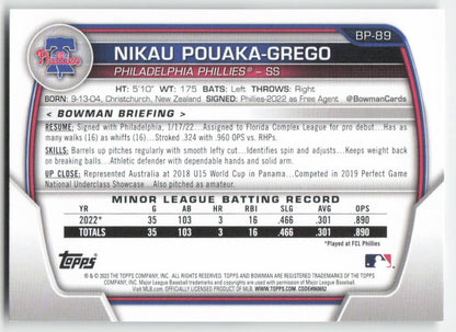 2023 Bowman #BP-89 Nikau Pouaka-Grego Prospects Philadelphia Phillies 1364