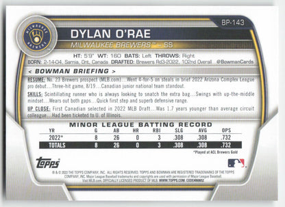 2023 Bowman #BP-143 Dylan O'Rae Prospects Milwaukee Brewers 1366