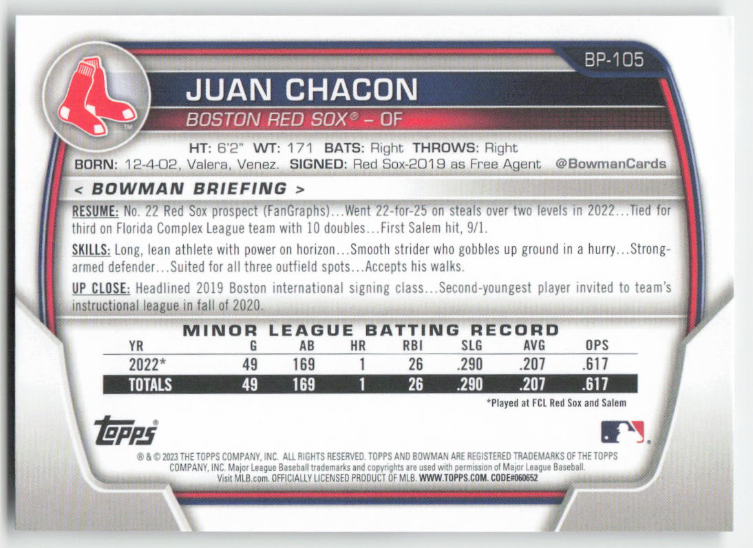 2023 Bowman #BP-105 Juan Chacon Prospects Boston Red Sox 1367