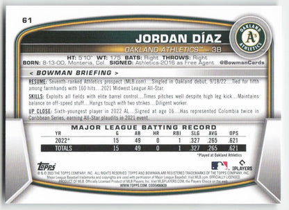 2023 Bowman #61 Jordan Diaz Oakland Athletics Rookie 1368