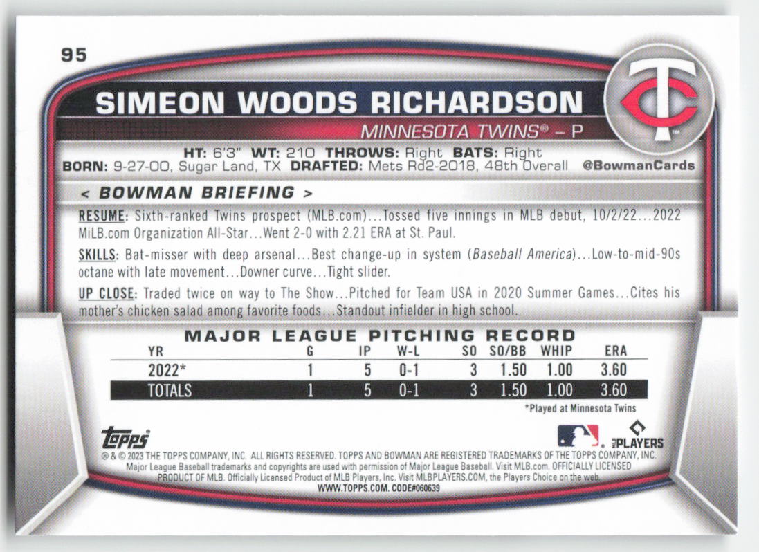2023 Bowman #95 Simeon Woods Richardson Minnesota Twins Rookie 1369