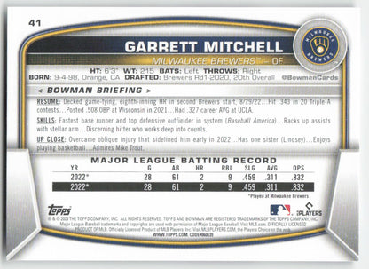 2023 Bowman #41 Garrett Mitchell Milwaukee Brewers Rookie 1372
