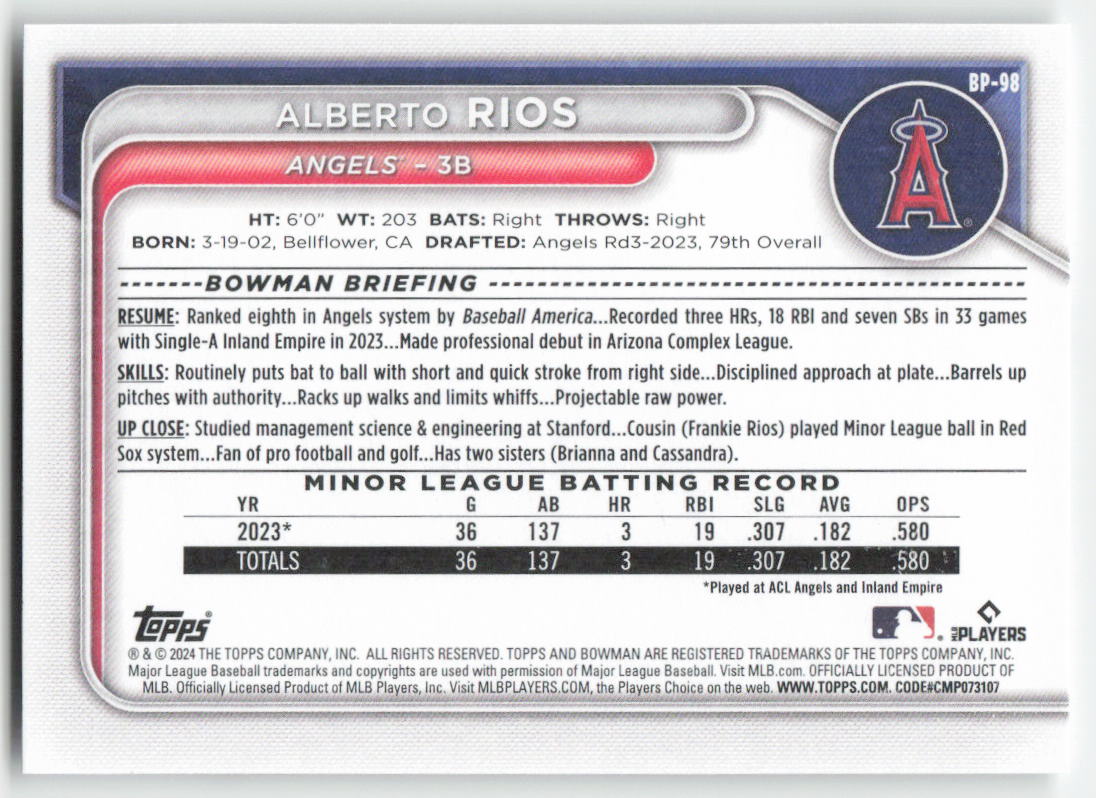 2024 Bowman #BP-98 Alberto Rios Prospects Los Angeles Angels 1374