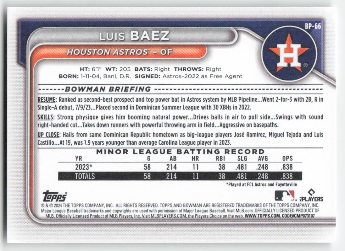 2024 Bowman #BP-66 Luis Baez Prospects Houston Astros 1375
