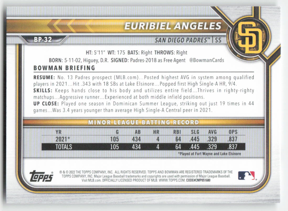 2022 Bowman #BP-32 Euribiel Angeles Prospects San Diego Padres 1379