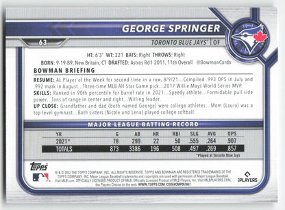 2022 Bowman #63 George Springer Toronto Blue Jays 1380