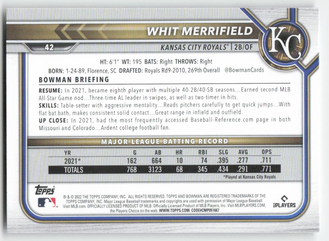 2022 Bowman #42 Whit Merrifield Kansas City Royals 1381