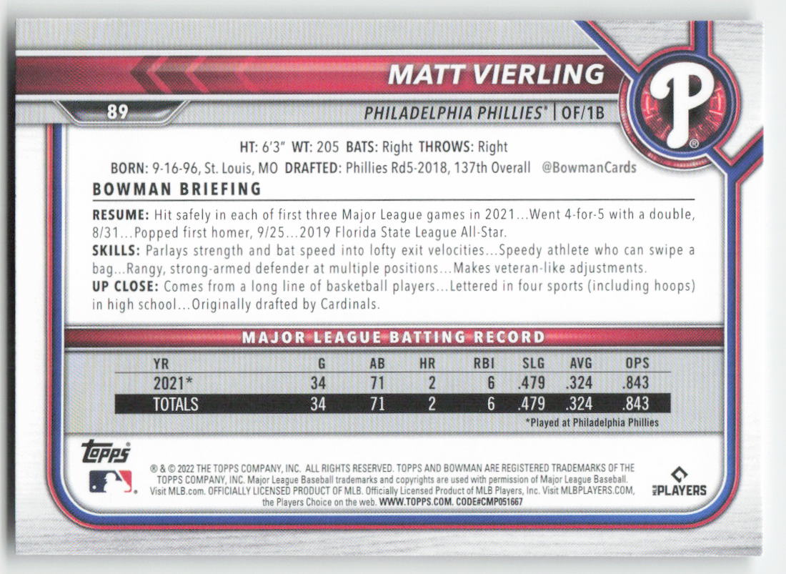 2022 Bowman #89 Matt Vierling Philadelphia Phillies Rookie 1382