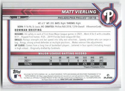2022 Bowman #89 Matt Vierling Philadelphia Phillies Rookie 1382